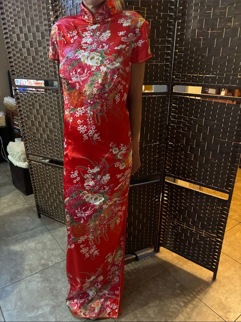 Red Floral Satin Maxi Dress - Elegant Mandarin Collar